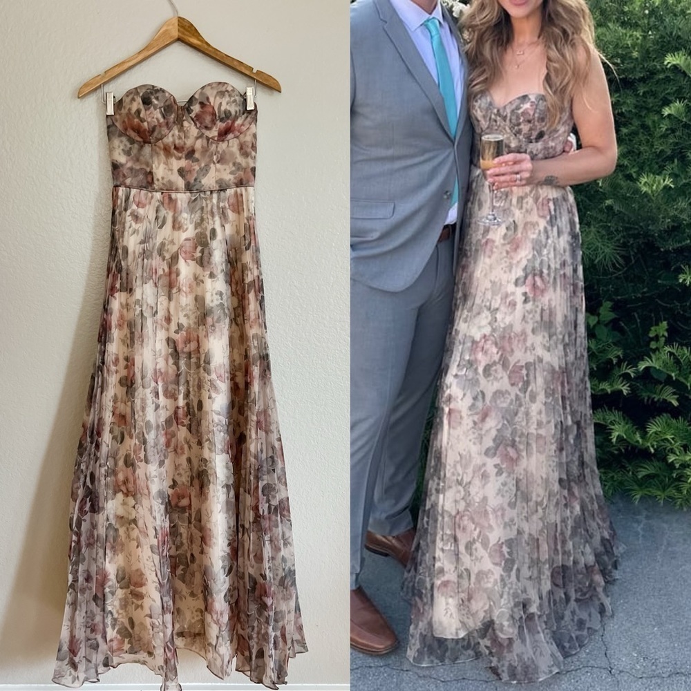 Lulu's Strapless Floral Chiffon Maxi Dress in Blush, Taupe, Olive